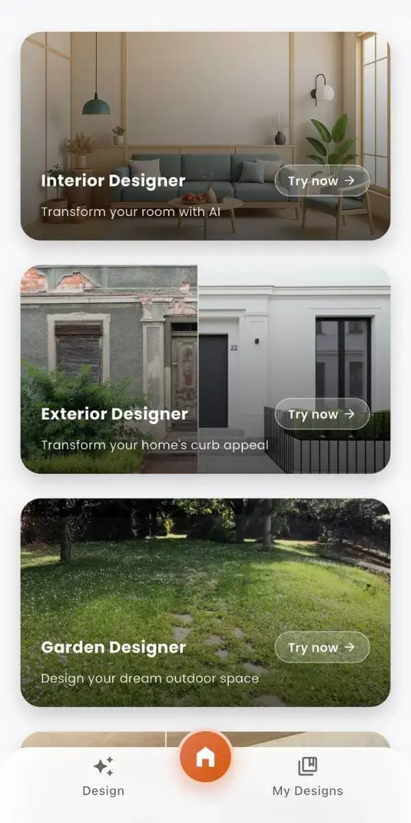 DecorAI AI interior design app preview on iPhone showing a room redesign