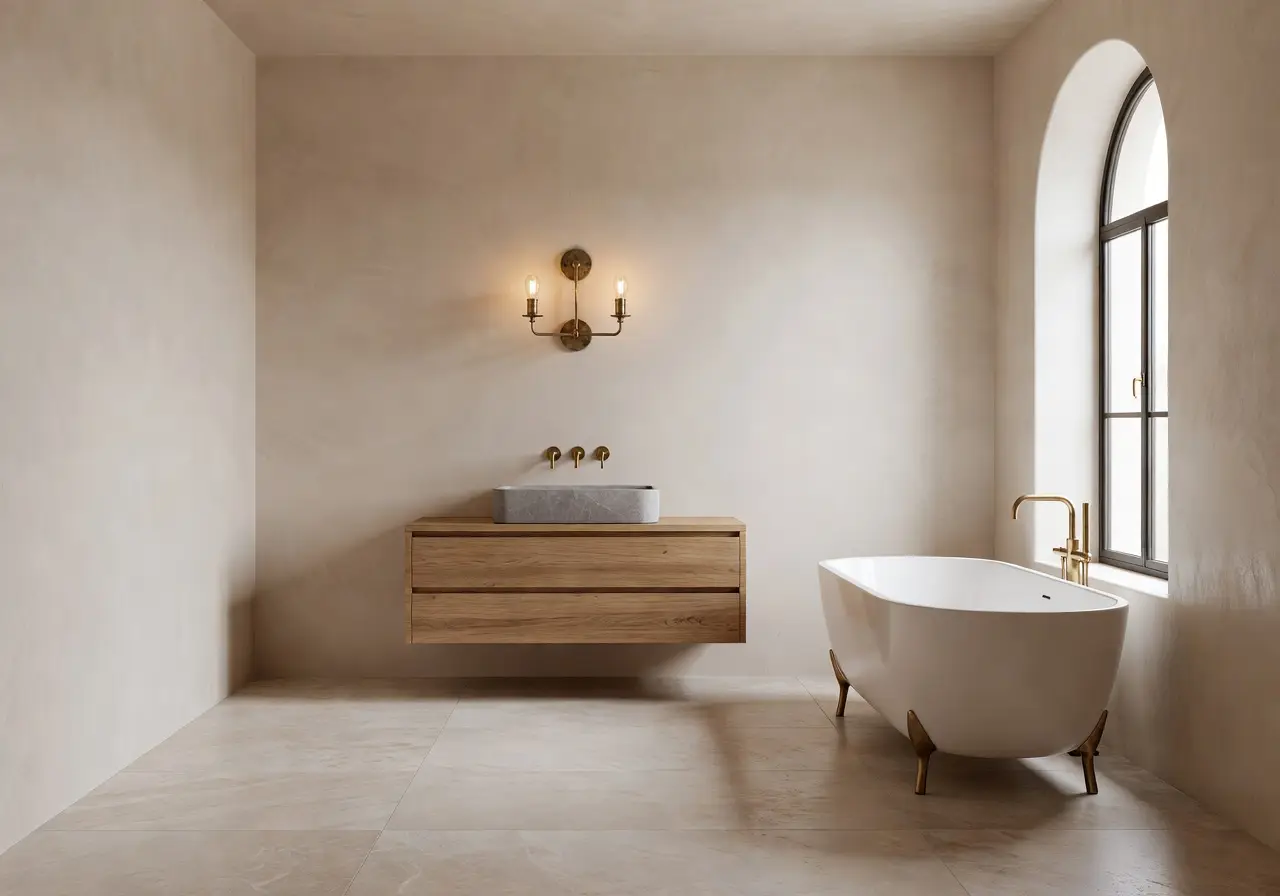 AI-rendered spa bathroom with tadelakt walls by DecorAI