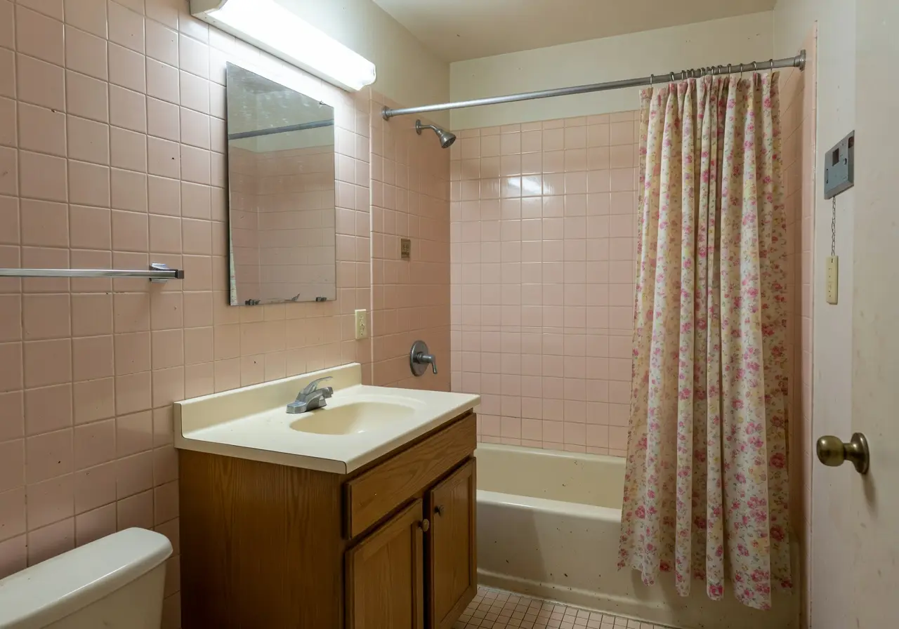 Outdated pink-tile bathroom before AI interior design makeover