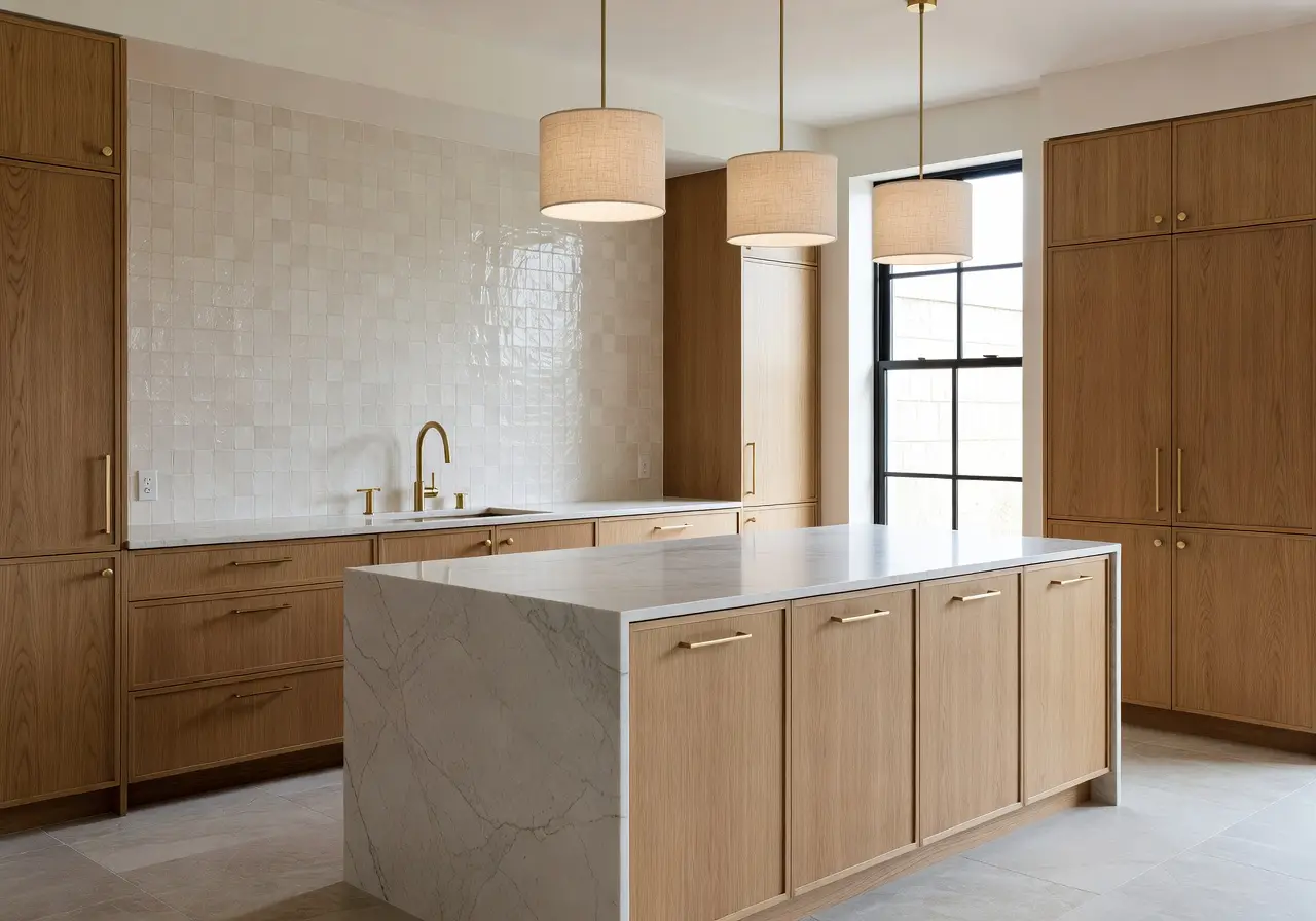 AI-rendered contemporary kitchen with oak cabinetry by DecorAI