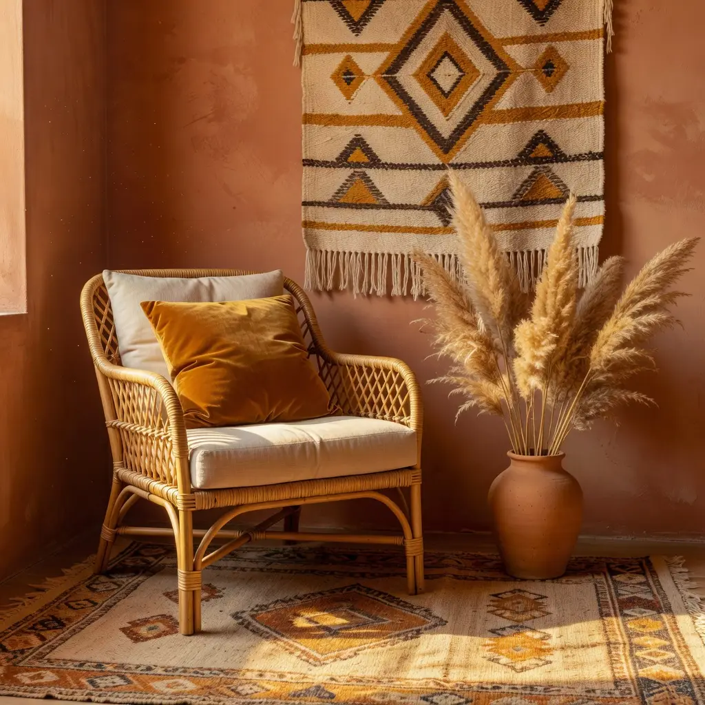 AI-generated bohemian living corner with rattan and terracotta accents