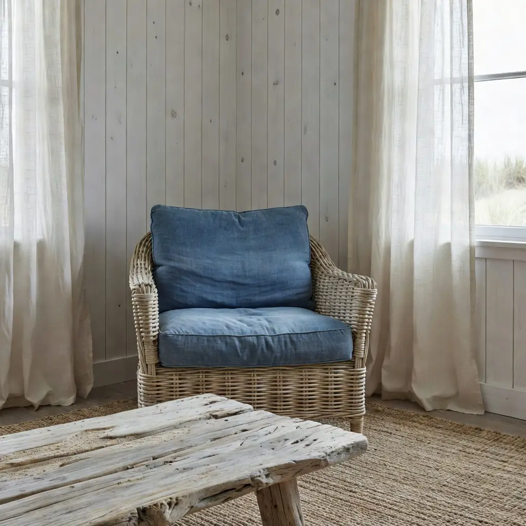 AI-generated coastal living room with bleached rattan and indigo cushions