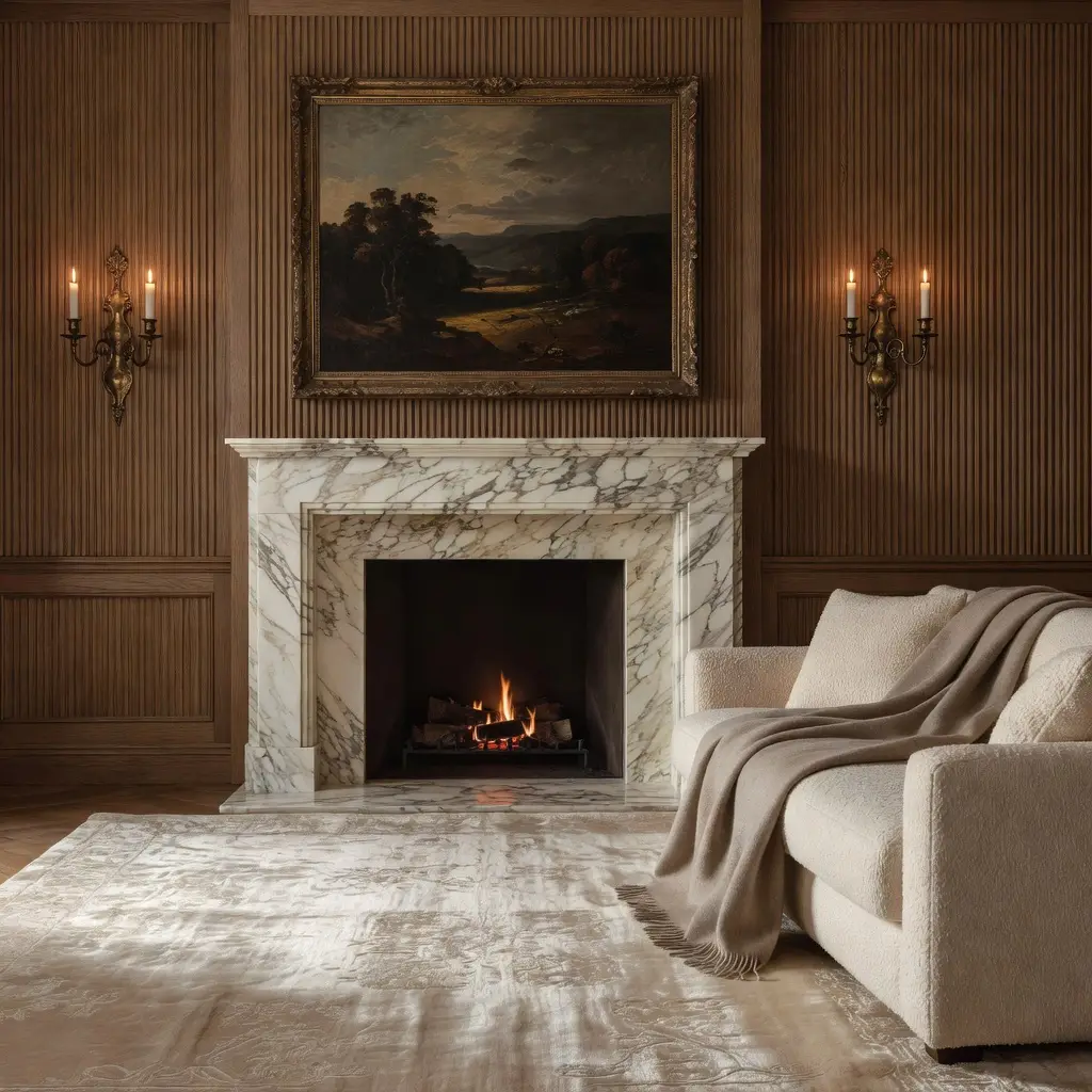 AI-generated quiet luxury living room featuring fluted oak paneling
